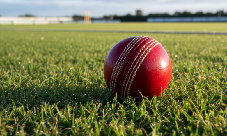 Close-up of a vibrant red cricket ball on a grass field, ideal for sports themes.