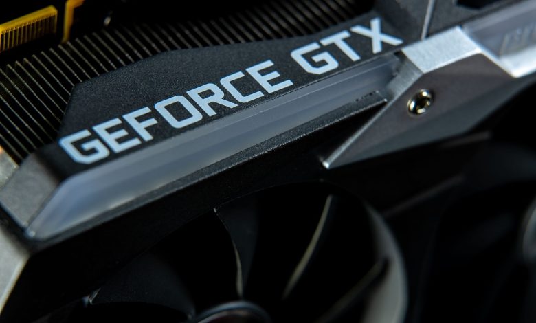 Detailed close-up of a GeForce GTX graphics card showing hardware components.