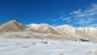 Panoramic view of snowy mountains at Khunjerab Pass on the China-Pakistan border.