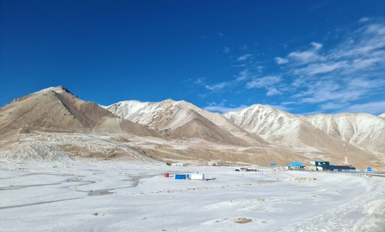 Panoramic view of snowy mountains at Khunjerab Pass on the China-Pakistan border.