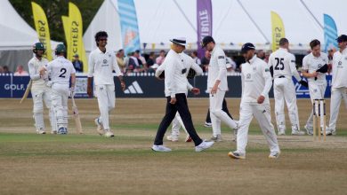 Cricket players and umpire on field during a match in Cheltenham, England.
