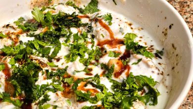 Close-up of a flavorful dahi vada garnished with fresh cilantro and spices in a white bowl.