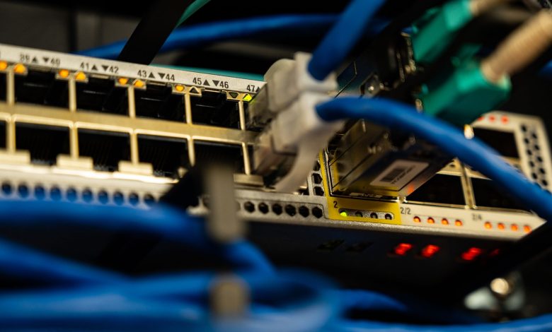 Close-up image of ethernet cables plugged into a network switch, showcasing IT infrastructure.