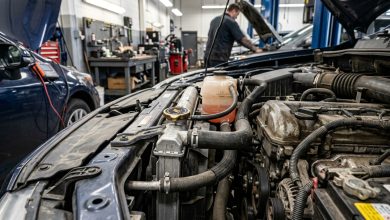 Car engine cooling system inspection showing radiator cap and coolant reservoir tank