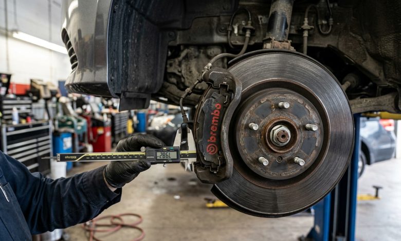 Close-up of a mechanic measuring car disc brake caliper and rotor wear