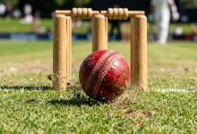 Red cricket ball pitching directly in front of the wickets