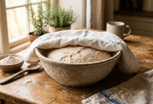 Bread and roti dough proofing inside a ceramic bowl under a cloth on a rustic kitchen table