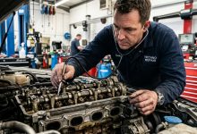 Mechanic stethoscope diagnosing engine knocking vs tapping sounds under hood