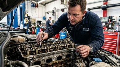 Mechanic stethoscope diagnosing engine knocking vs tapping sounds under hood