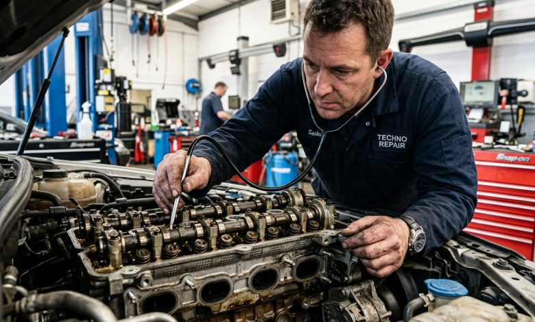 Mechanic stethoscope diagnosing engine knocking vs tapping sounds under hood
