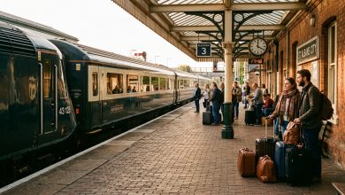 Passengers waiting with luggage at a railway platform