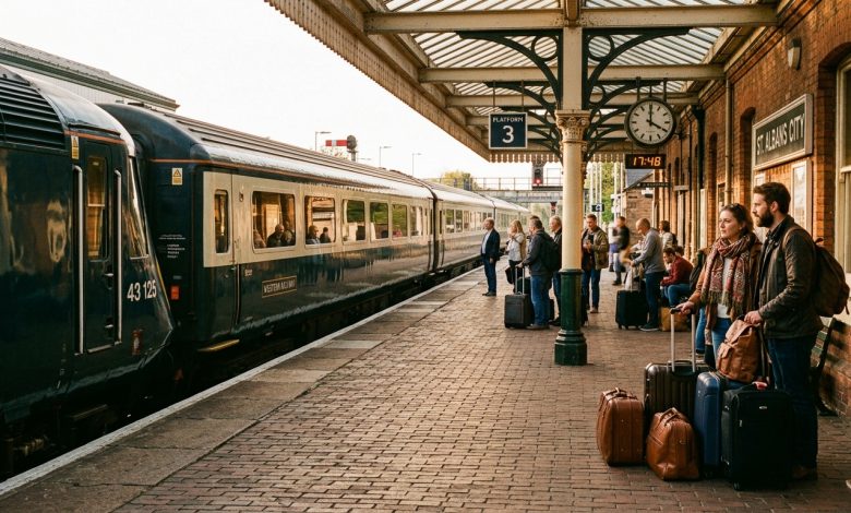 Passengers waiting with luggage at a railway platform