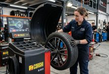 Technician performing wheel balancing vs alignment service on tyre machine