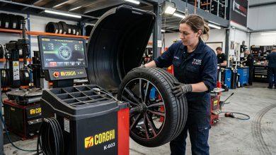 Technician performing wheel balancing vs alignment service on tyre machine