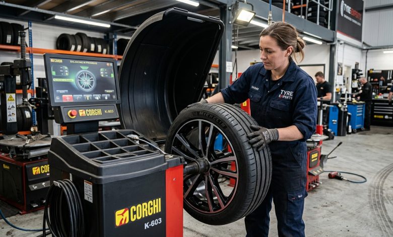 Technician performing wheel balancing vs alignment service on tyre machine